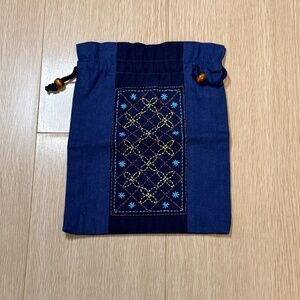 NEW Indigo-Dyed Drawstring Bag Traditional Embroidered Japanese Design